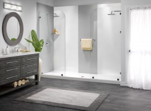 Mono Hot Springs Bathroom Remodeling Basket Weave and White Smooth Walls with Oversized White Shower Base client 300x220