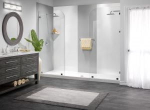 Sultana Shower Installation Basket Weave and White Smooth Walls with Oversized White Shower Base client 300x220